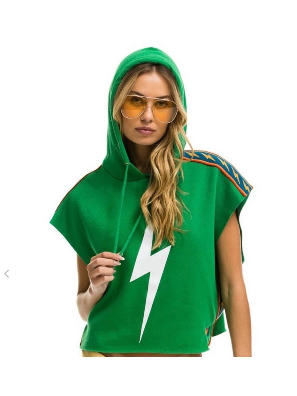 Aviator Nation Green Hooded Vest with White Lightning Accent